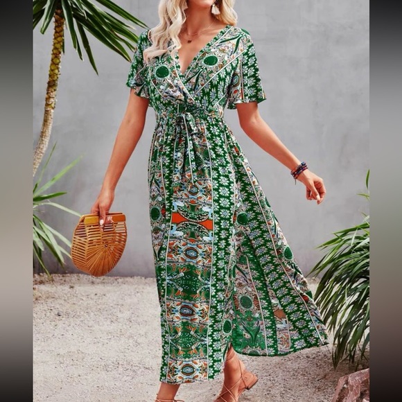 Boho Floral Paisley Print Side Silt Cottagecore Dress Navy Blue - Picture 12 of 12